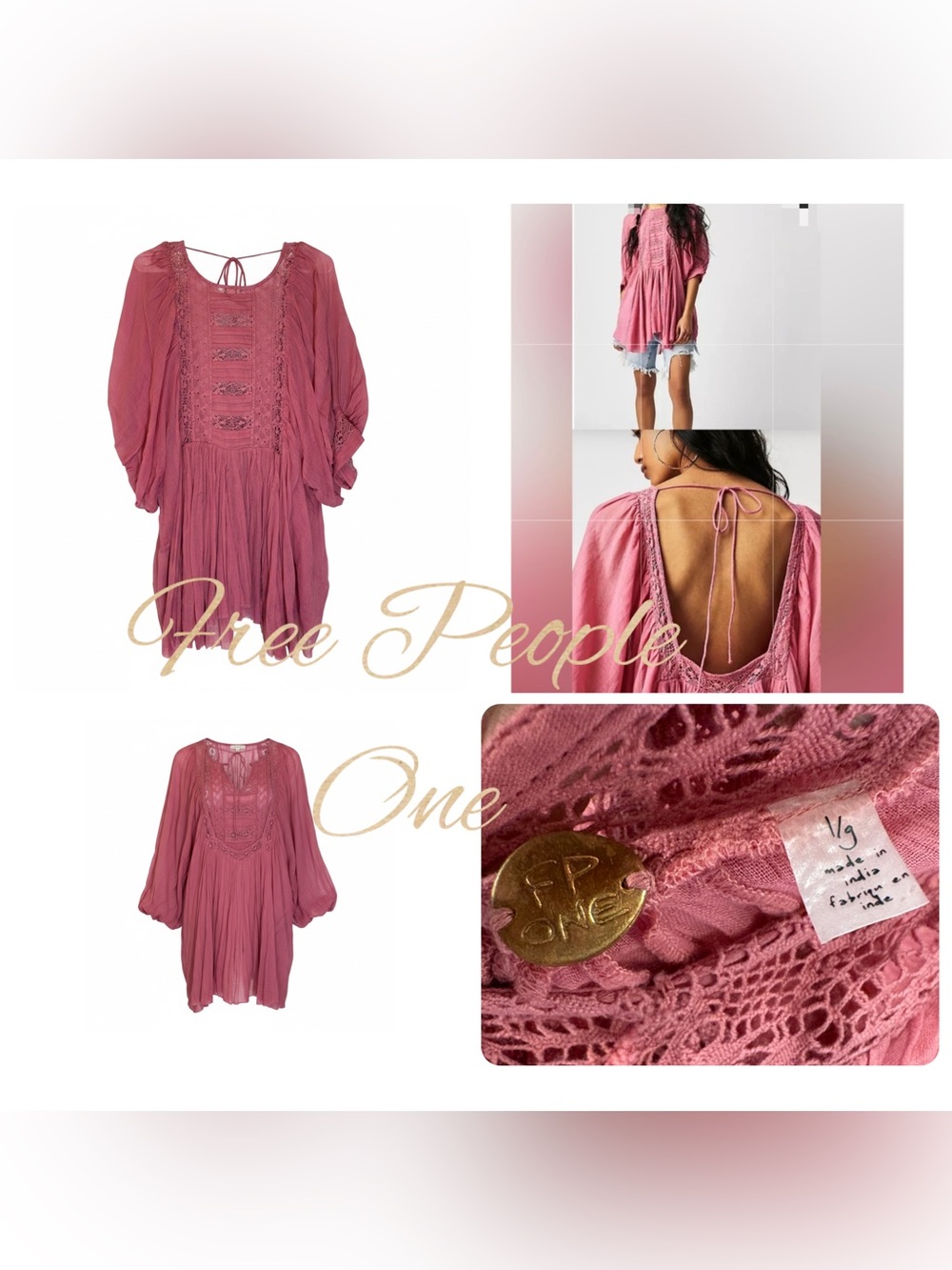Free People One Finley Tunic Top Pink Oversized Boho Lace Detail Large Peasant